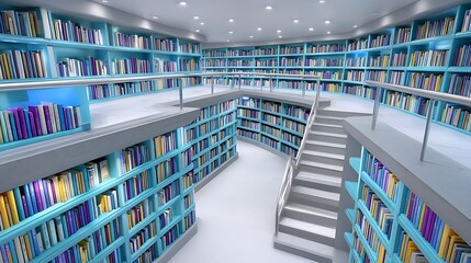 Fototapeta premium Circular library with multiple levels, filled with colorful bookshelves and stairs