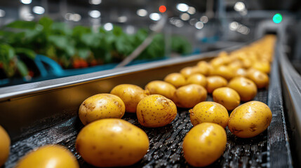 Freshly harvested potatoes are carefully sorted on a conveyor belt