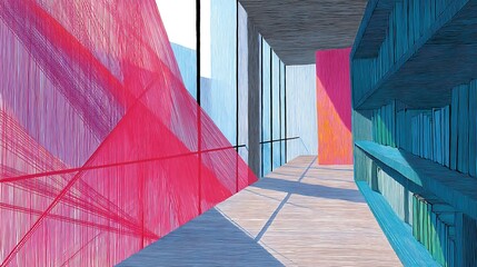 Abstract interior design; vibrant red and blue hues, bookshelves, sunlight, modern architecture