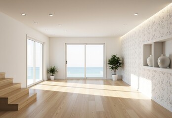 Obraz premium Bright and airy modern living room with ocean view, wooden floor, and stylish decor.