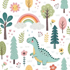 "Adorable green dinosaur happily walking through a whimsical forest with colorful trees, flowers, and a rainbow."