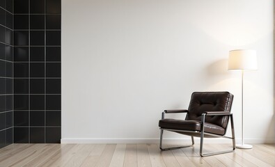 Modern minimalist living room interior with a brown leather armchair and floor lamp against a white wall and black tile accent.