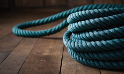 Obraz premium A blue rope lies on a wooden floor, potentially used as a prop or for decoration