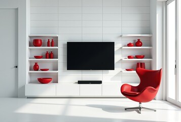 Modern living room with red accents and minimalist decor.  Flat screen TV, white furniture and an eggshaped red chair.