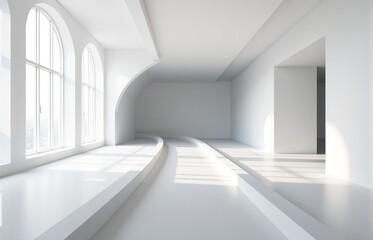 Fototapeta premium Bright minimalist interior with curved pathways and large arched windows. Ideal for product showcases or modern home design presentations.