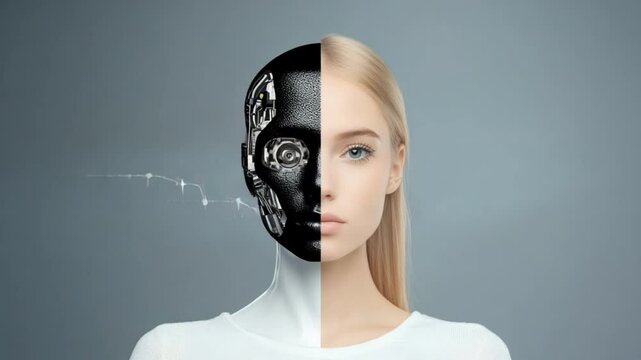 Futuristic Human-Robot Hybrid Face Combining Mechanism and Beautiful Female Features in a Minimalistic Background