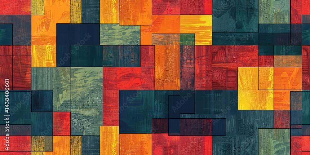 Poster abstract geometric pattern with colorful rectangles and thin lines on a dark background. digital art