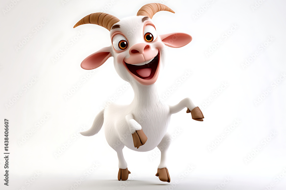 Poster cheerful animated goat character dancing joyfully in a bright, minimalistic studio setting