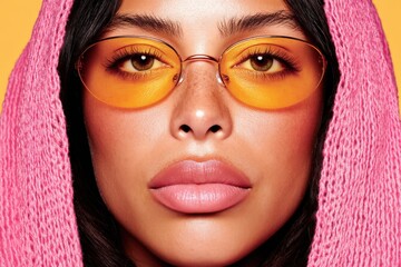 Woman with orange hood and amber tinted sunglasses in closeup portrait against soft background blending style color and expression in modern fashion photography