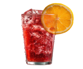 Refreshing cherry soda with ice and citrus slice garnishing on a transparent background, cut out