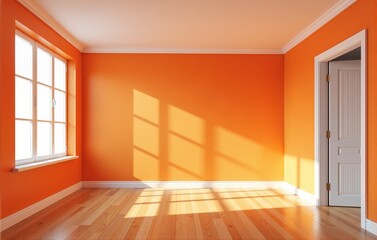 Bright, empty room with orange walls, wooden floor, sunlight streaming through a window. Perfect for real estate, interior design, or home decor.