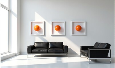 Modern living room interior with black leather sofa and minimalist artwork featuring orange spheres.
