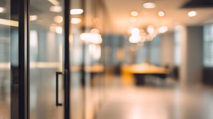 Blurry office interior with door modern business environment professional workspace focused view