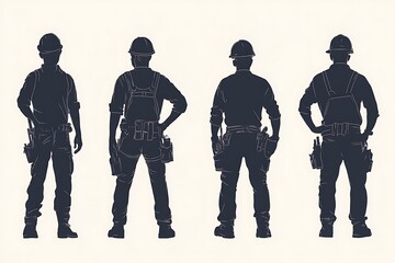 Four construction workers standing back to camera wearing hard hats and tool belts