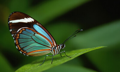 Obraz premium Close-up shot of a butterfly perched on a leaf, highlighting its delicate features and the intricate patterns on the leaf