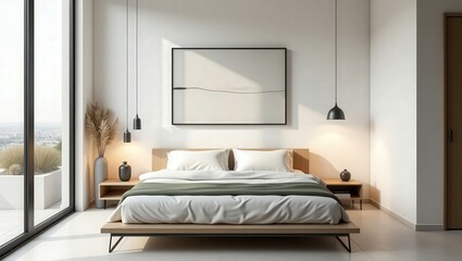 A minimalist bedroom with a neutral palette. A large bed in white bedding, green throw, pampas grass, blank frame, and wooden nightstand exudes serenity. Tall windows flood the space with light