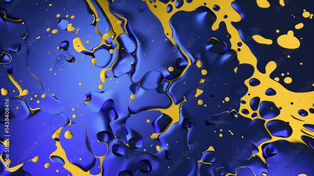 Poster abstract fluid shapes in blue and yellow with confetti. digital 3d rendering art of yellow and blue 