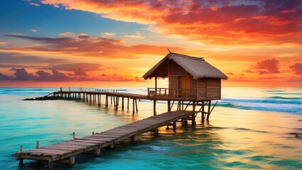 Obraz premium A serene overwater bungalow with a thatched roof sits on stilts above crystal-clear turquoise waters.