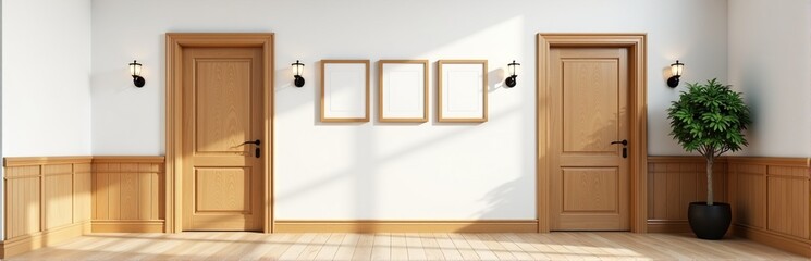 Bright and airy hallway interior with wooden doors, frames, and wainscoting. Perfect for real estate, home decor, and design projects.