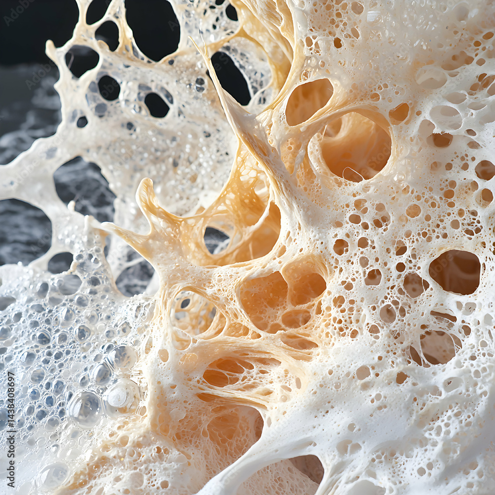 Poster intricate close-up of a foamy structure with interconnected cells and varied textures. consider for 