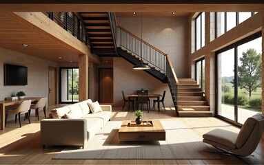 Modern open plan living room with wooden stairs and large windows overlooking a sunny landscape.