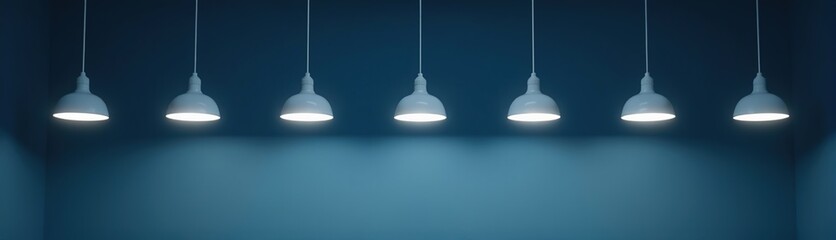 Six illuminated white pendant lamps hang evenly spaced against a dark blue wall. Minimalist interior design concept.