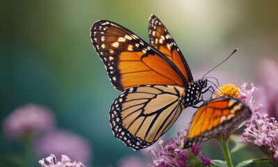 Fototapeta premium A pair of colorful butterflies perched on the petals of a bright flower, surrounded by greenery
