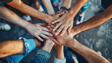 Close up of diverse people hands putting hands together and reaching hands at center. Group of multicultural making stack of hands. Collaboration, teamwork, cooperation, teamwork, supporting. AIG53.