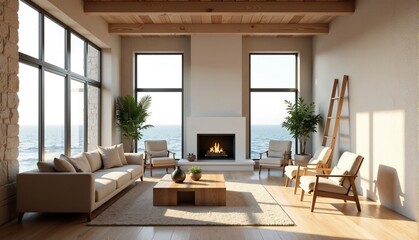 Fototapeta premium Modern minimalist living room with ocean view, featuring beige sofa, armchairs, fireplace, and large windows.