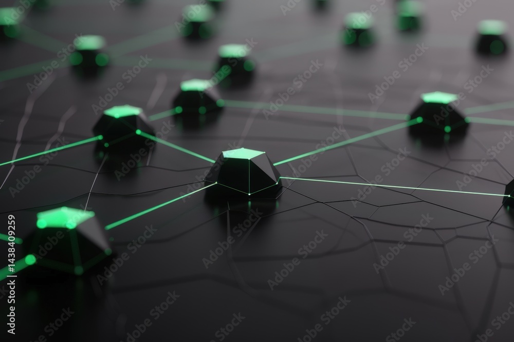 Poster abstract network design with glowing green nodes on a dark background.