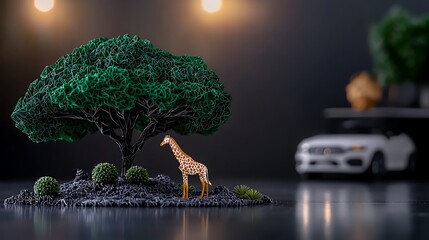 Miniature giraffe standing near a tree in a stylized environment with blurred car background
