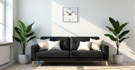 Stylish minimalist living room interior with black leather sofa, potted plants, and a white wall clock. Bright sunlight streams through the window.