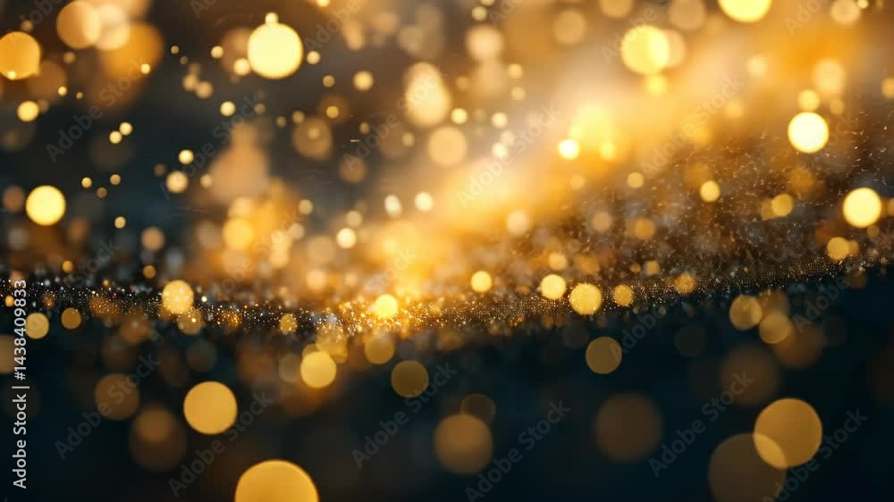 Poster glittering golden particles flowing in dynamic motion against dark background