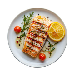 Top shot of Herb grilled fish fillet in white plate isolated on transparent background PNG