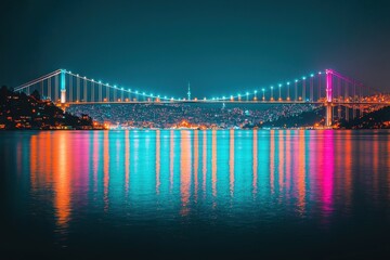 Fototapeta premium Stunning Night View of Illuminated Bridge Over Water in Cityscape