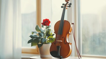 a violin with a flower beside it