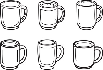 set of mug line art, black outline, vector and illustration, coloring book page line art drawing
