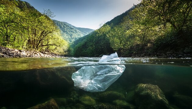 plastic bag floating in a river