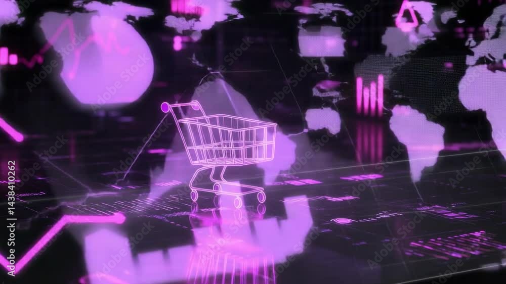 Poster digital shopping cart on abstract background with neon elements and data visualization concepts
