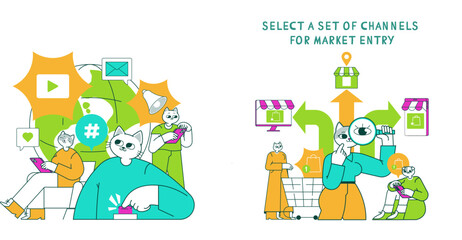 Fototapeta premium Marketing Tools Cat. Flat Vector Illustration
