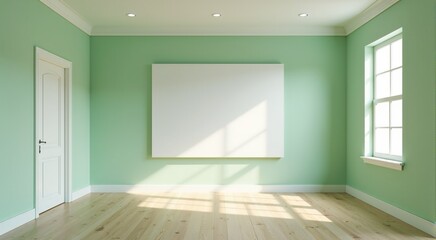 Empty light green room with white door and large window, featuring a blank canvas on the wall. Ideal for home decor, real estate, or interior design mockups.