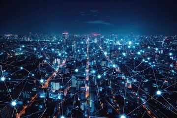 Urban cityscape connected through digital networks at night.