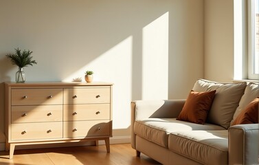 Bright and airy living room interior with beige sofa, wooden dresser, and natural light.