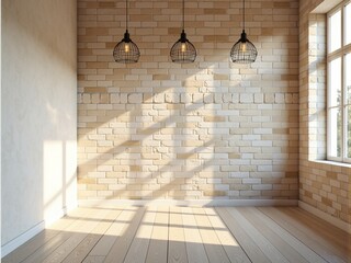 Empty bright room with brick wall, wooden floor and sunlight. Perfect for interior design projects.
