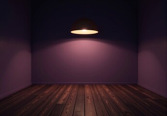 Empty room with purple walls, dark wood floor, and a single overhead light. Minimalist interior design.