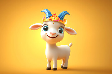 Cute cartoon goat wearing a decorative crown, smiling against a vibrant yellow background