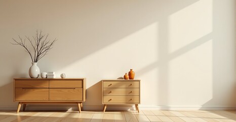 Fototapeta premium Modern minimalist interior with wooden furniture and natural light.