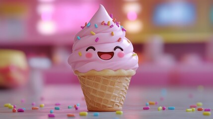 A kawaii ice cream cone smiling with rainbow sprinkles