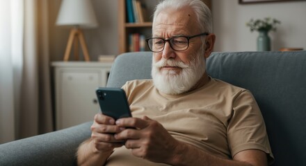 Elderly man using smartphone while sitting on couch in cozy living room  