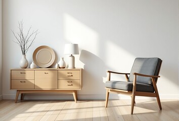 Minimalist living room interior with a mid-century modern armchair and light wood sideboard. Sunlight streams in.
